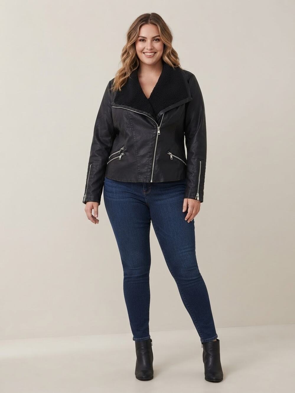 Baccini Black Faux Leather Moto Jacket Asymmetric Zip Sherpa 2X H0082